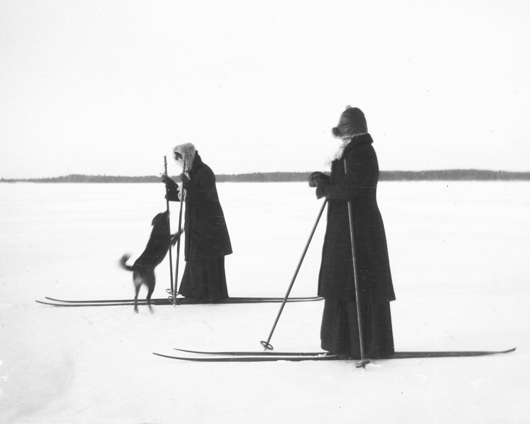 Two Women on Skis with Dog